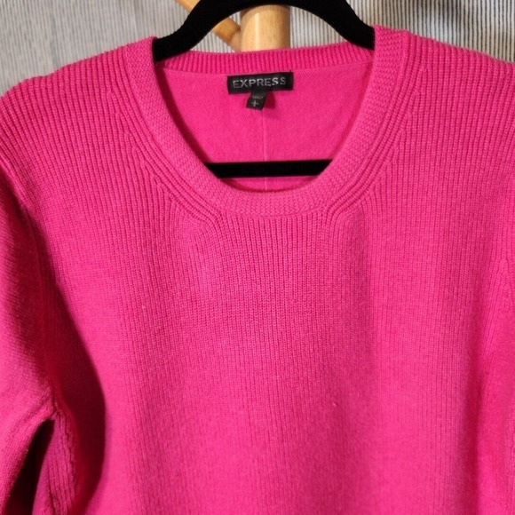 Express $70 Large Y2K Hot Pink Wool Blend Ribbed Split Hem Crew Sweater - Picture 5 of 7
